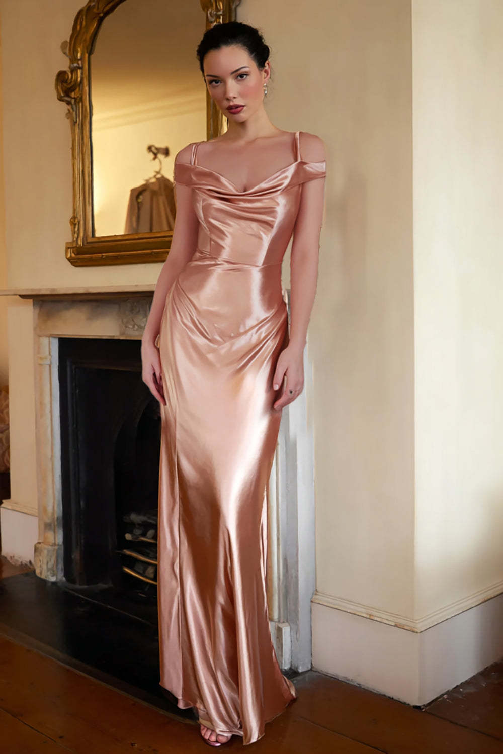 Suzhoufashion Champagne Sheath Cold Shoulder Long Satin Prom Dress