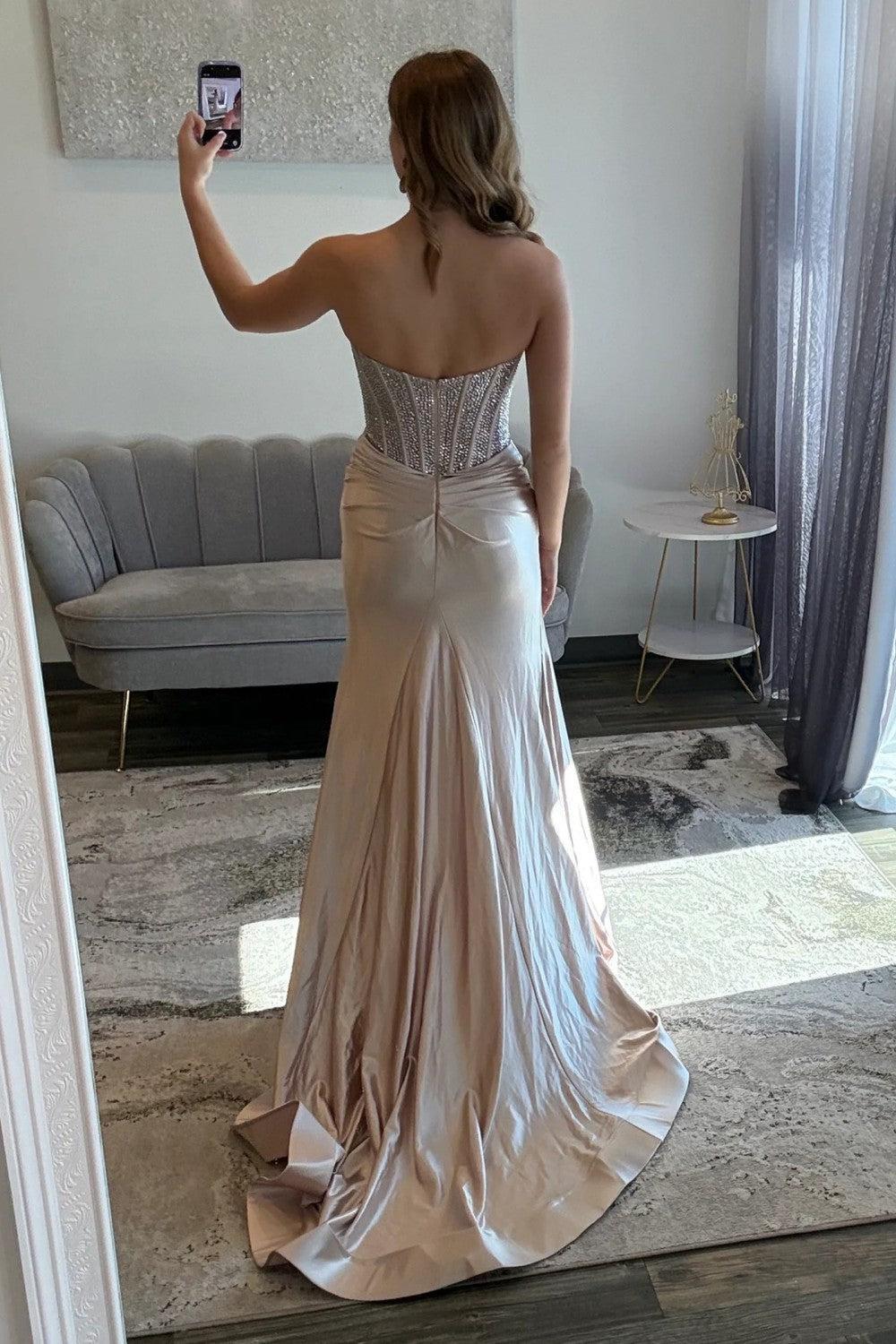 Champagne Sweetheart Beaded Top Satin Prom Dress With High Slit Formal Evening Gown