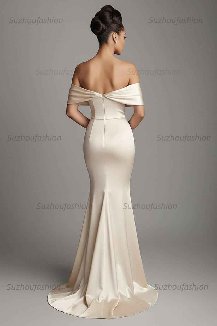 Champagne Wedding Guest Dress Satin Sheath Long Formal Dress