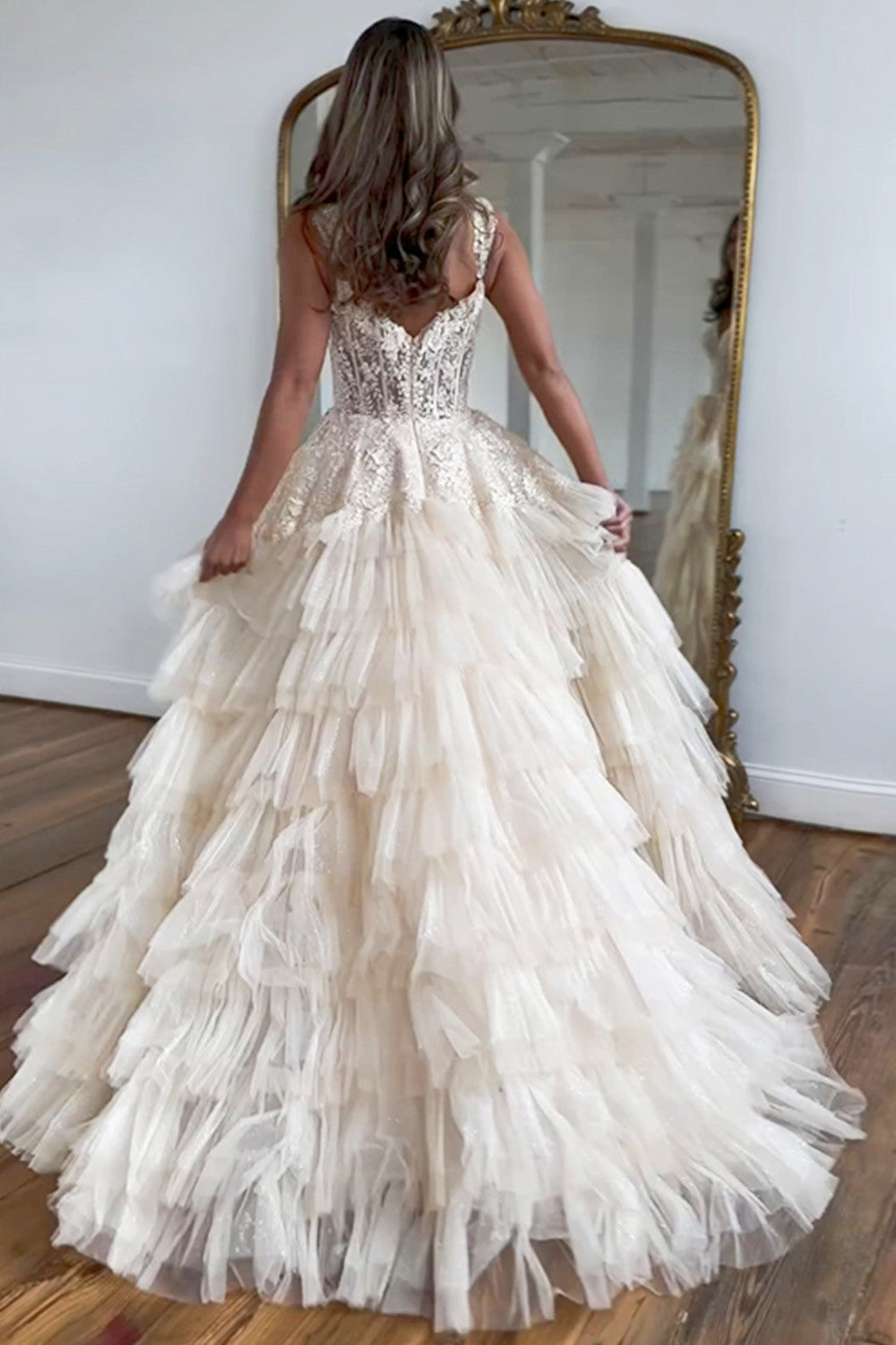 Champagne A-Line Tulle Long Prom Dress With Slit And Ruffles - View 2 | VelvetHem