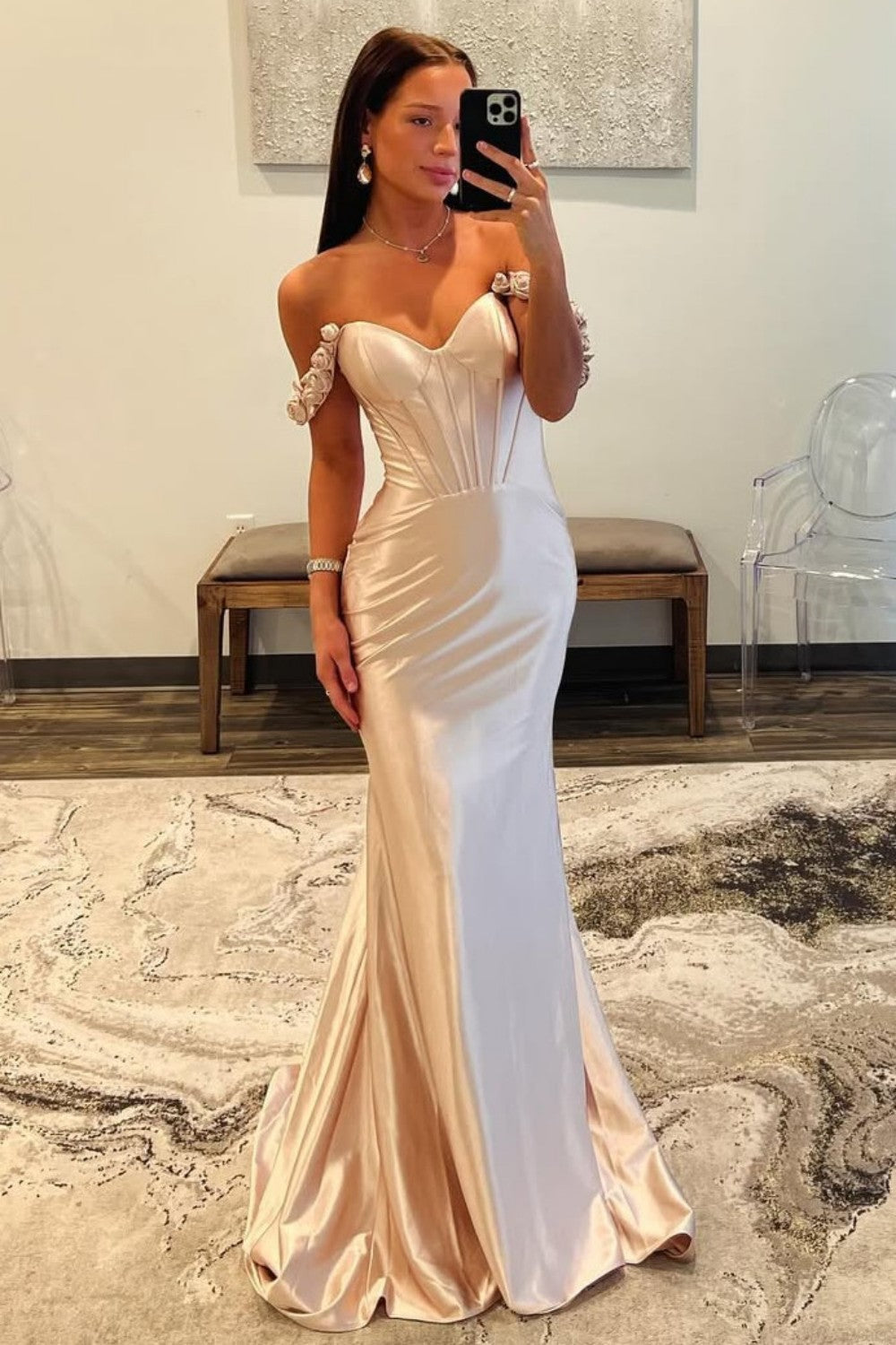 Stunning Mermaid Off the Shoulder Champagne Corset Prom Dress with 3D Flowers
