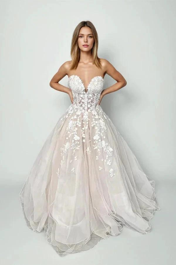 Champagne Tulle Lace Elegant Wedding Dresses Strapless Bridal Gowns (ZD16113) - VelvetHem