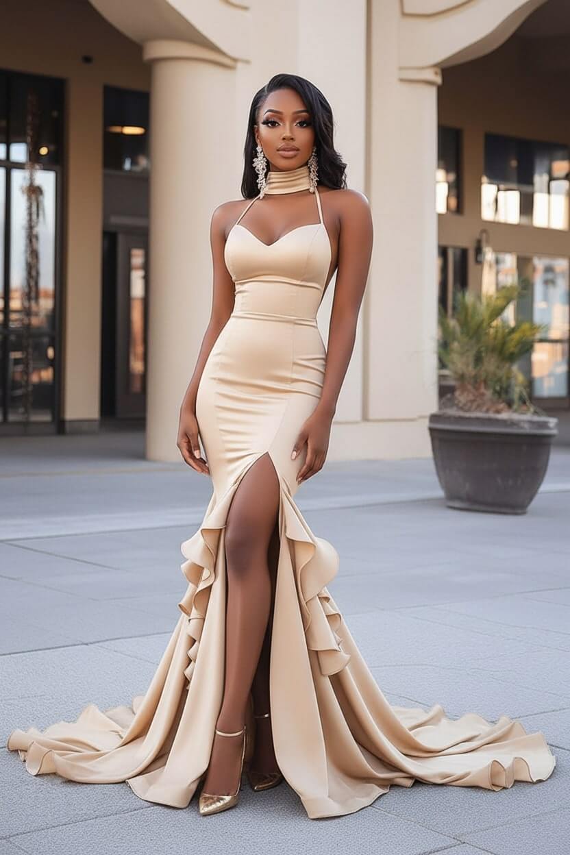 Black Wedding Guest Dress Ruffled Mermaid Long Prom Dress With Slit