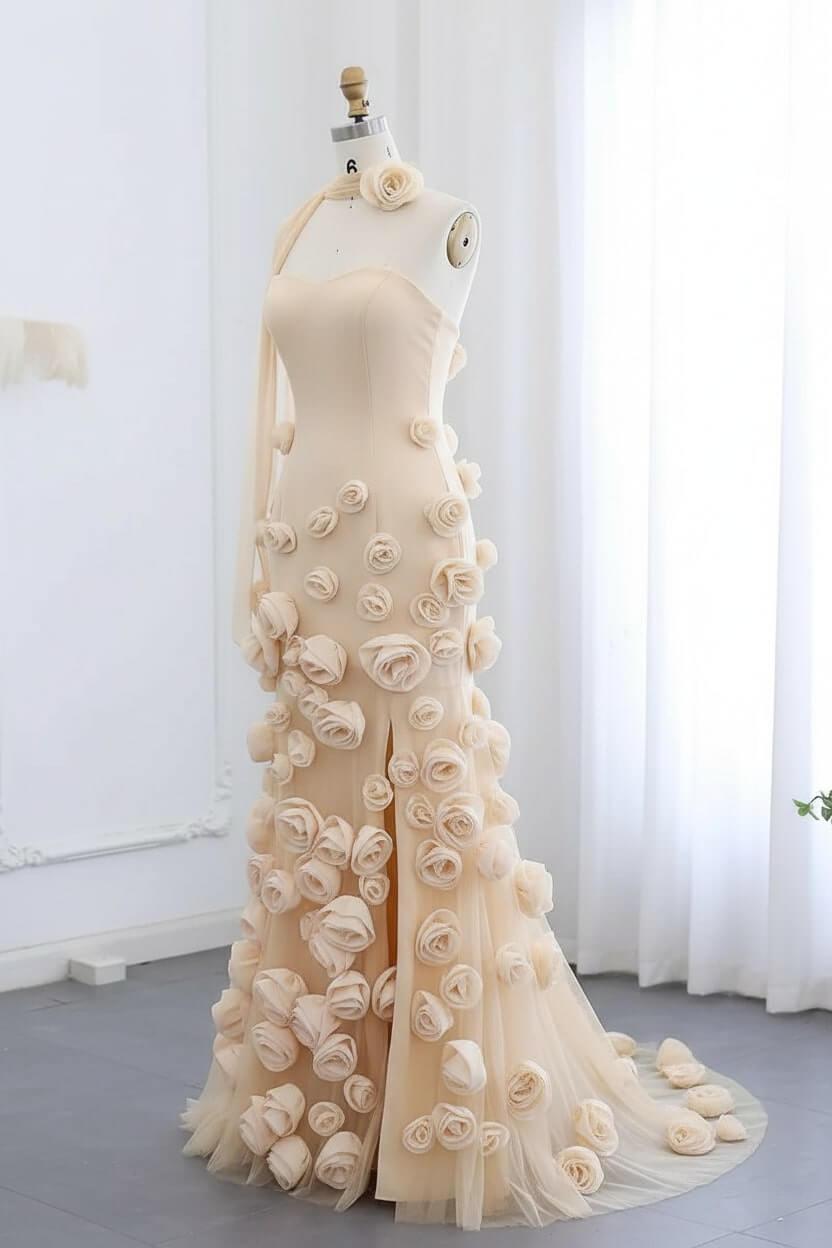 Pink Prom Dress Strapless Mermaid 3D Flowers Formal Dress With Slit