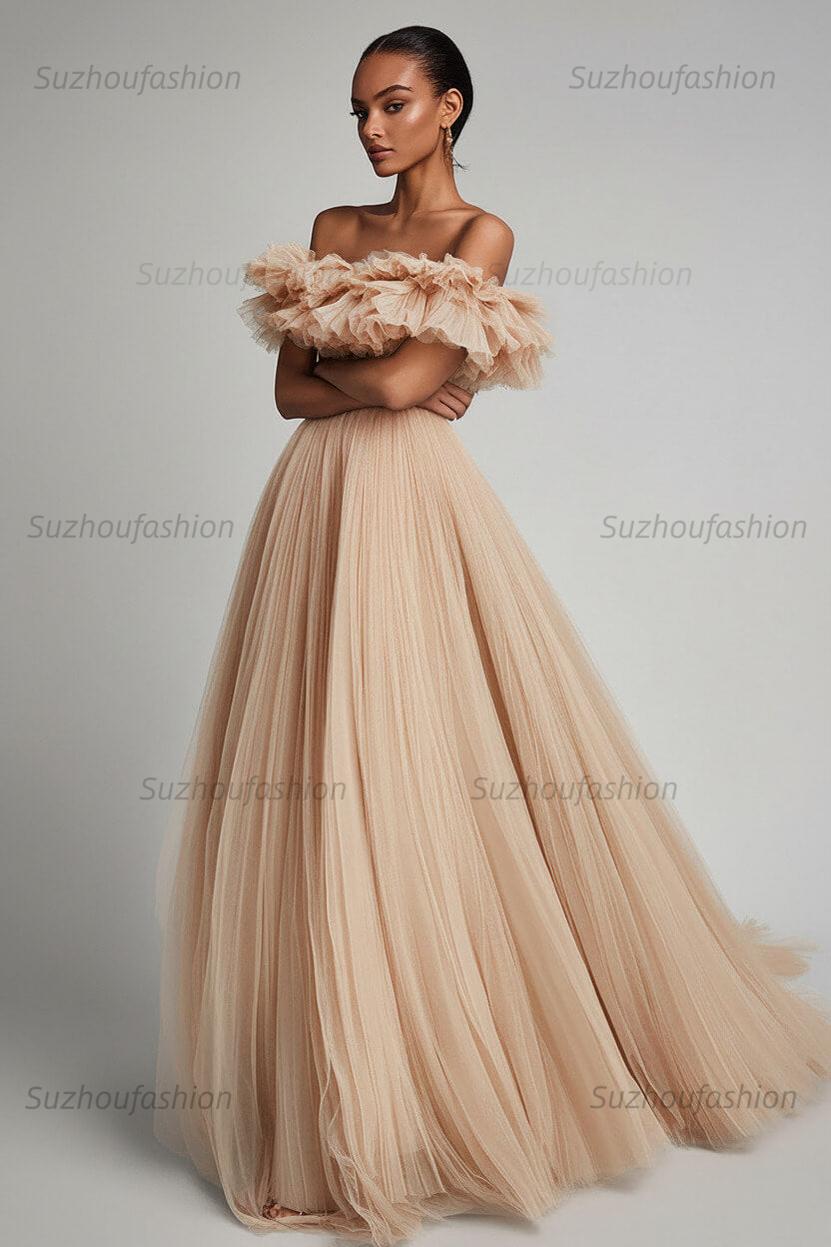 Dusty Sage Prom Dress Tulle A Line Long Formal Dress With Ruffles