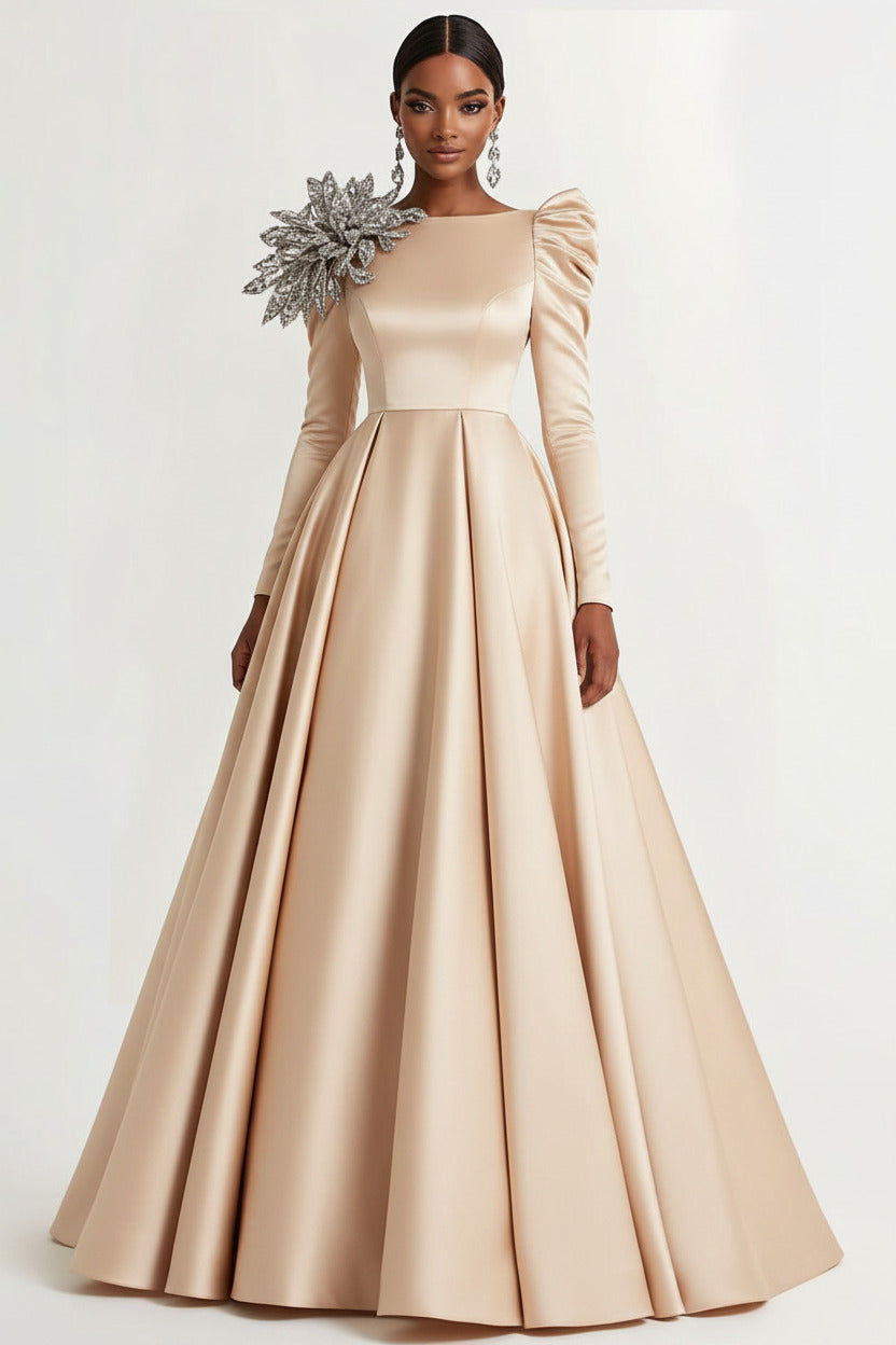 A-Line Long Black Wedding Guest Dress Satin Boat Neck Formal Dress With Long Sleeves