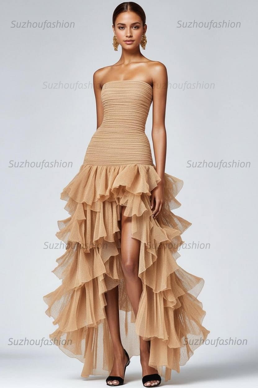Black Wedding Guest Dress Strapless Tulle Long Ruffled Formal Dress With Slit