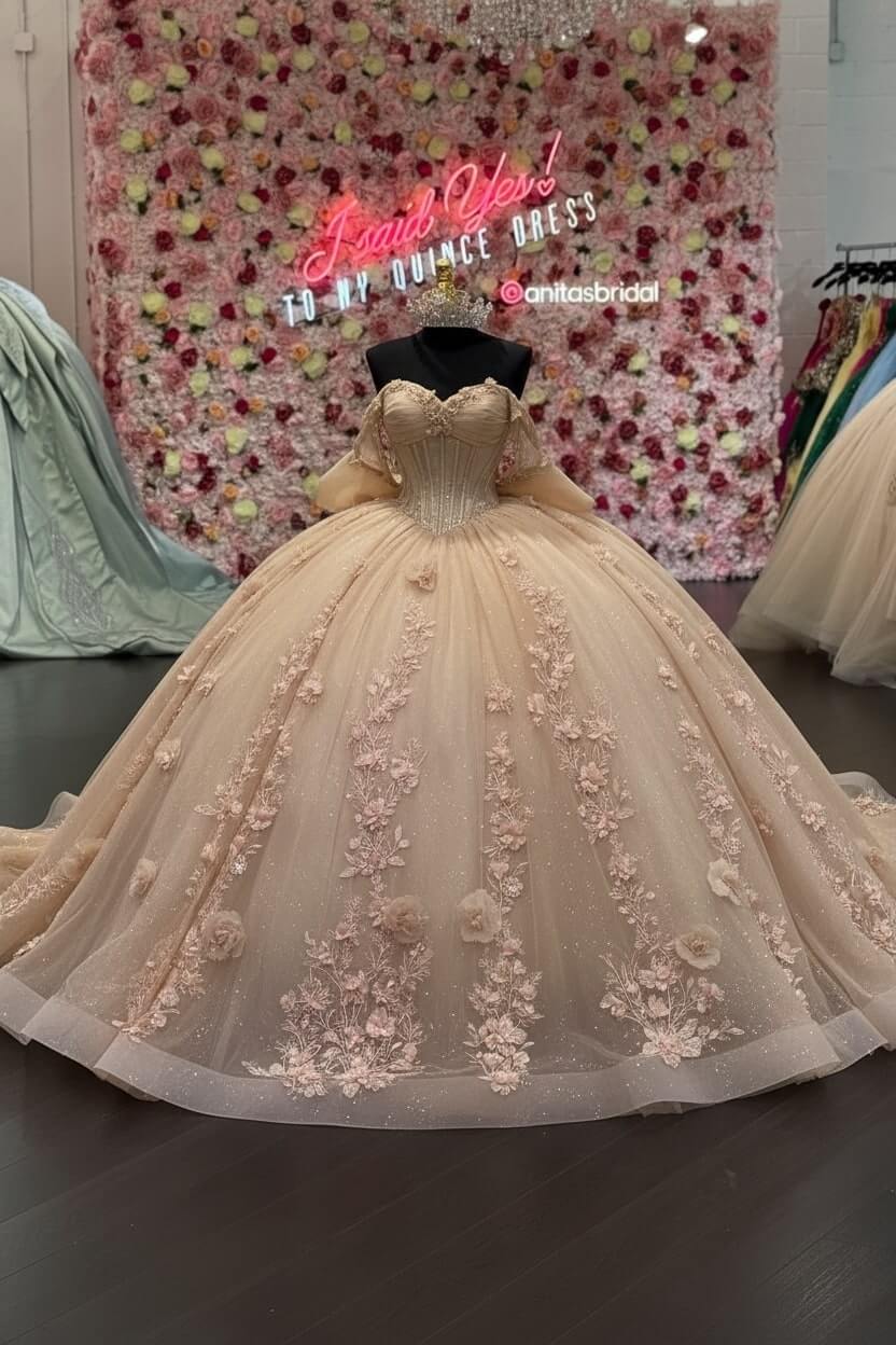 Ball Gown Off Shoulder Sleeveless Pleated 3D Flowers Applique Bow Knot Sparkly Pink Tulle Quinceanera Dress Birthday Party Dress Evening Formal Gown For Sweet 16