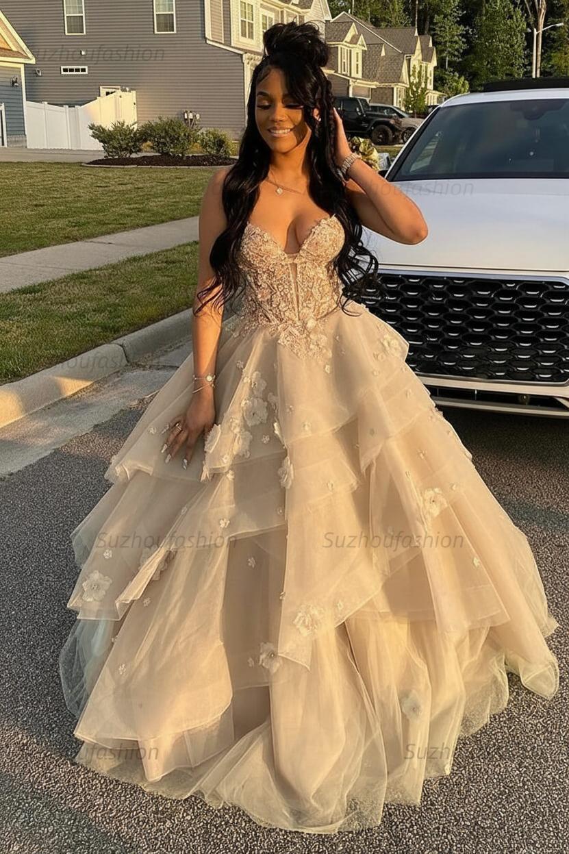Sage Prom Dress Floral Tiered Ruffles A-Line Sweetheart Corset Long Formal Dress