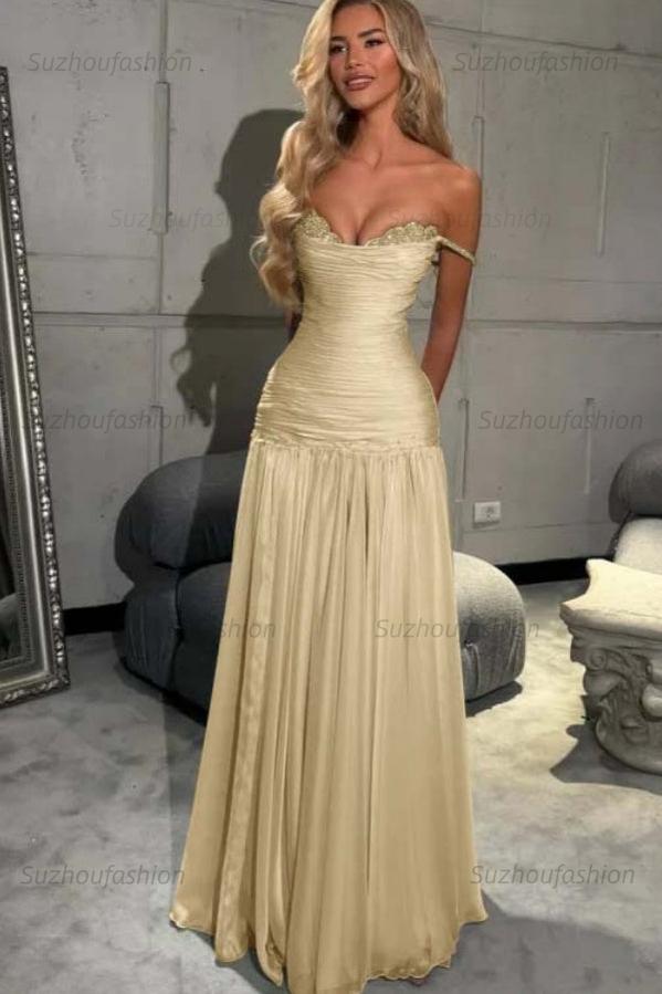 Off The Shoulder Prom Dress Sleeveless Pleated A Line Formal Evening Gown