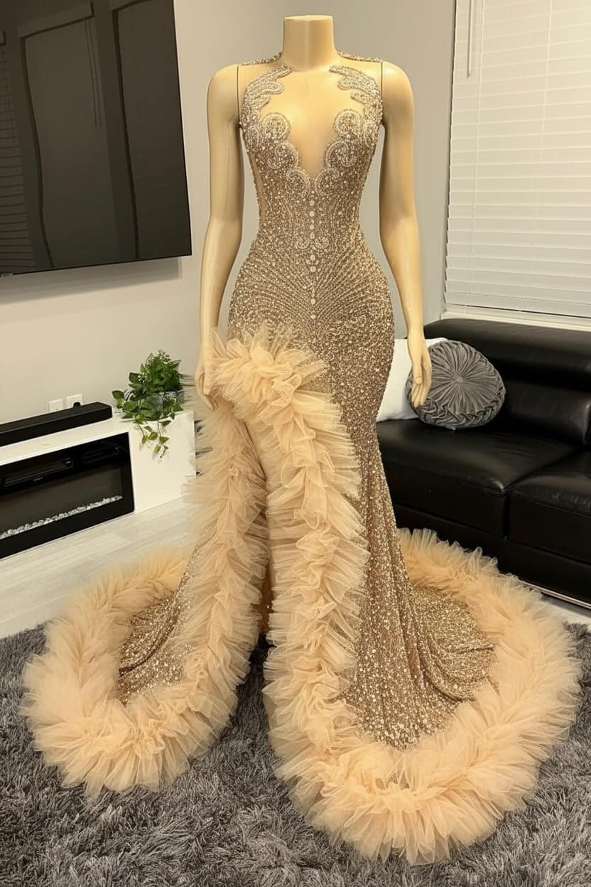 V-neck Prom Dress Orange Beaded Tulle Ruffles Sequin Formal Evening Party Dress