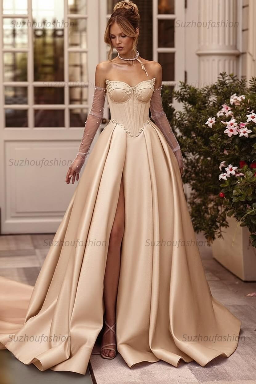 Lilac Prom Dress Beaded A Line Sweetheart Corset Evening Dress with Slit