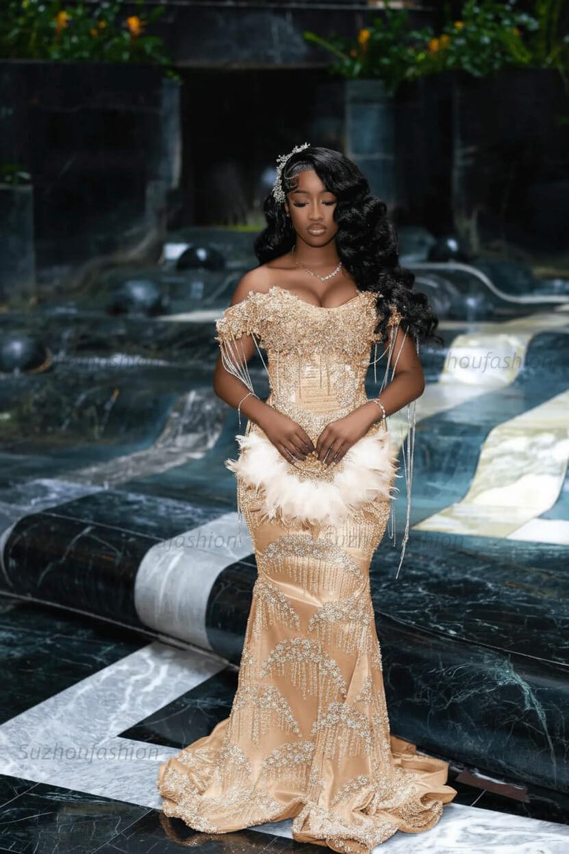 Off the Shoulder Prom Dress Mermaid Formal Evening Dress with Beadings and Rhinestones