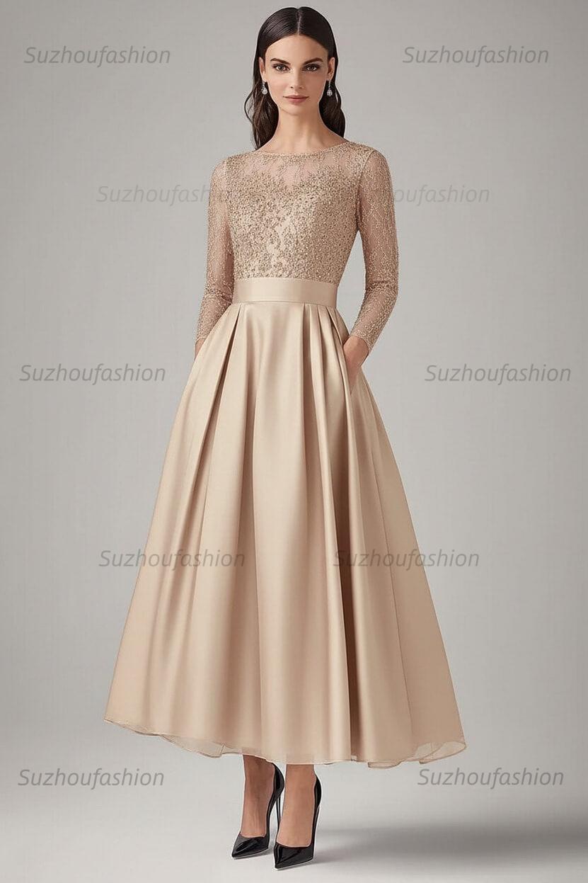 Navy Wedding Guest Dress Beaded A Line Long Sleeves Formal Dress With Lace