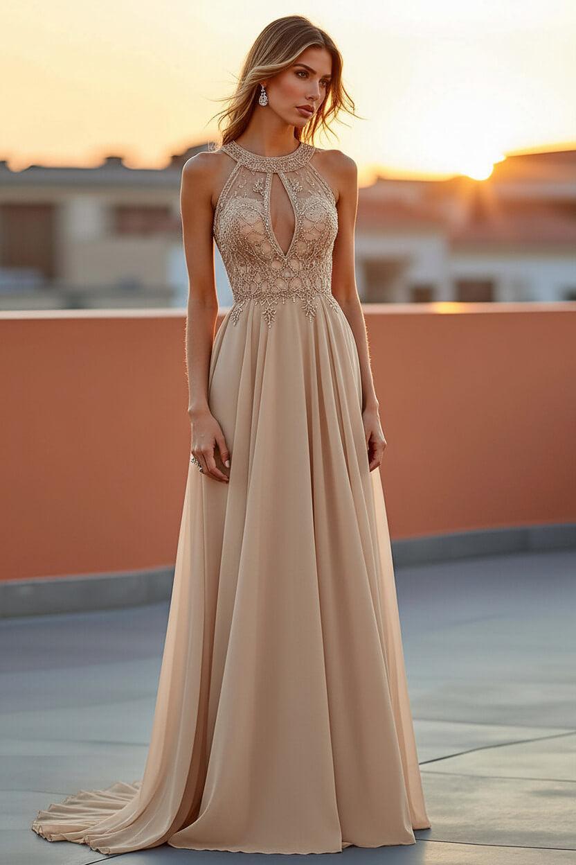 Beaded Navy Wedding Guest Dress Halter Long Formal Dress With Embroideries