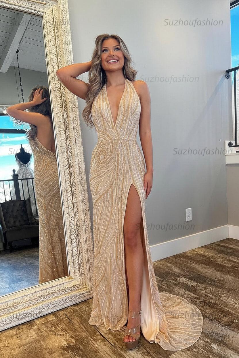 Halter Prom Dress Pink and Orange Mermaid Evening Dress with Slit