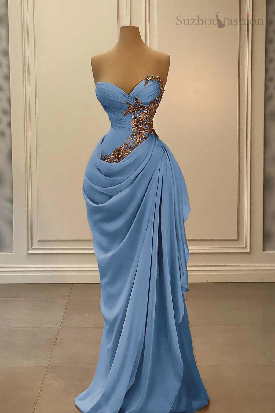 Champange Prom Dress Strapless Sweetheart Satin Chiffon Sleeveless Formal Dress