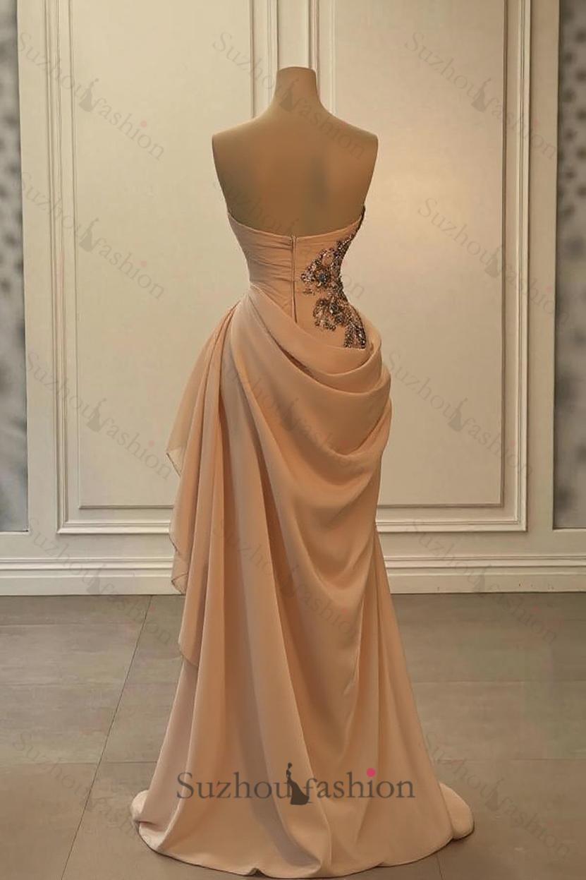Champange Prom Dress Strapless Sweetheart Satin Chiffon Sleeveless Formal Dress