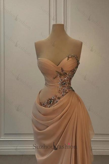 Champange Prom Dress Strapless Sweetheart Satin Chiffon Sleeveless Formal Dress