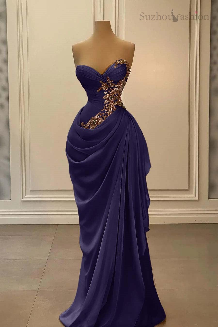 Champange Prom Dress Strapless Sweetheart Satin Chiffon Sleeveless Formal Dress
