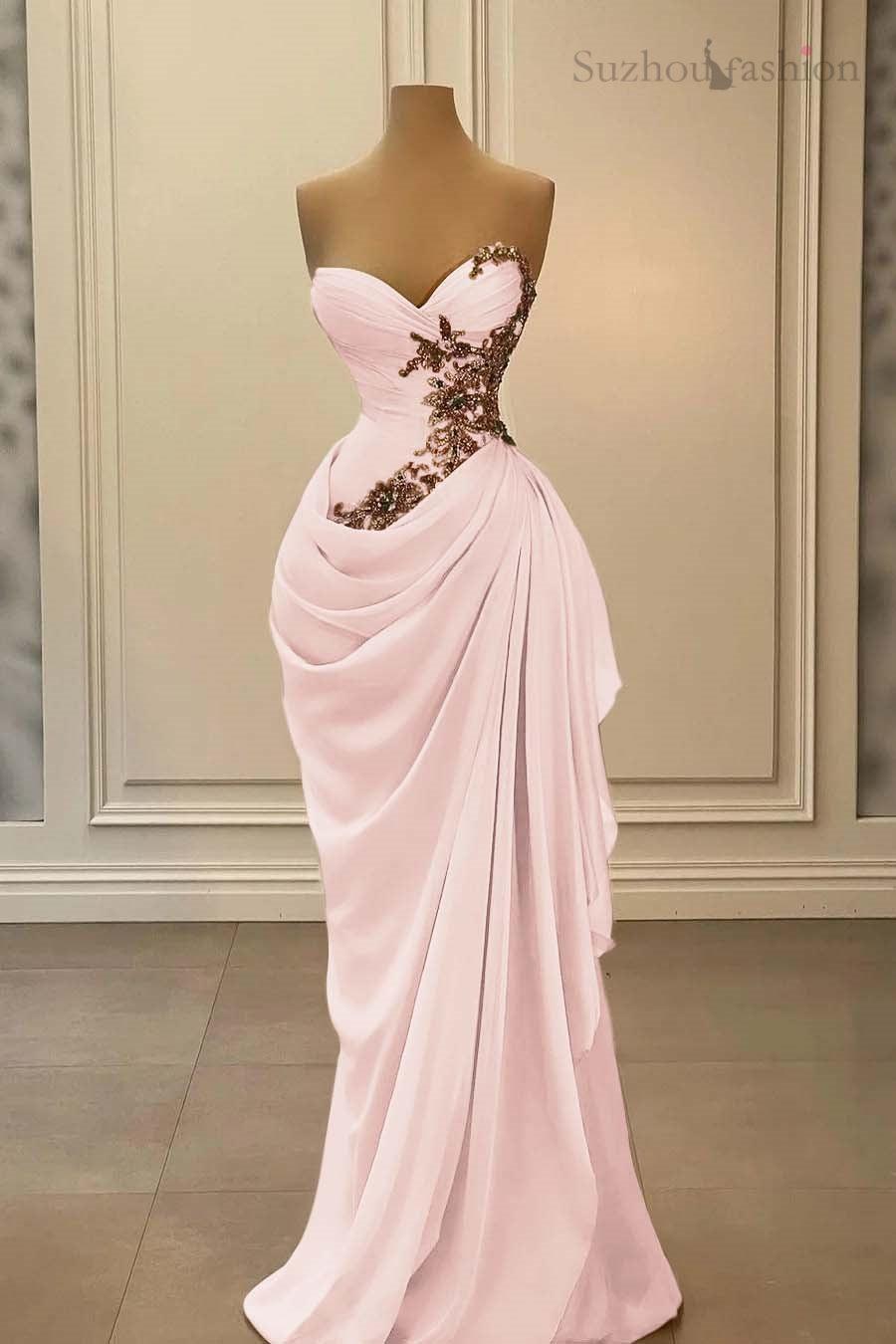 Champange Prom Dress Strapless Sweetheart Satin Chiffon Sleeveless Formal Dress