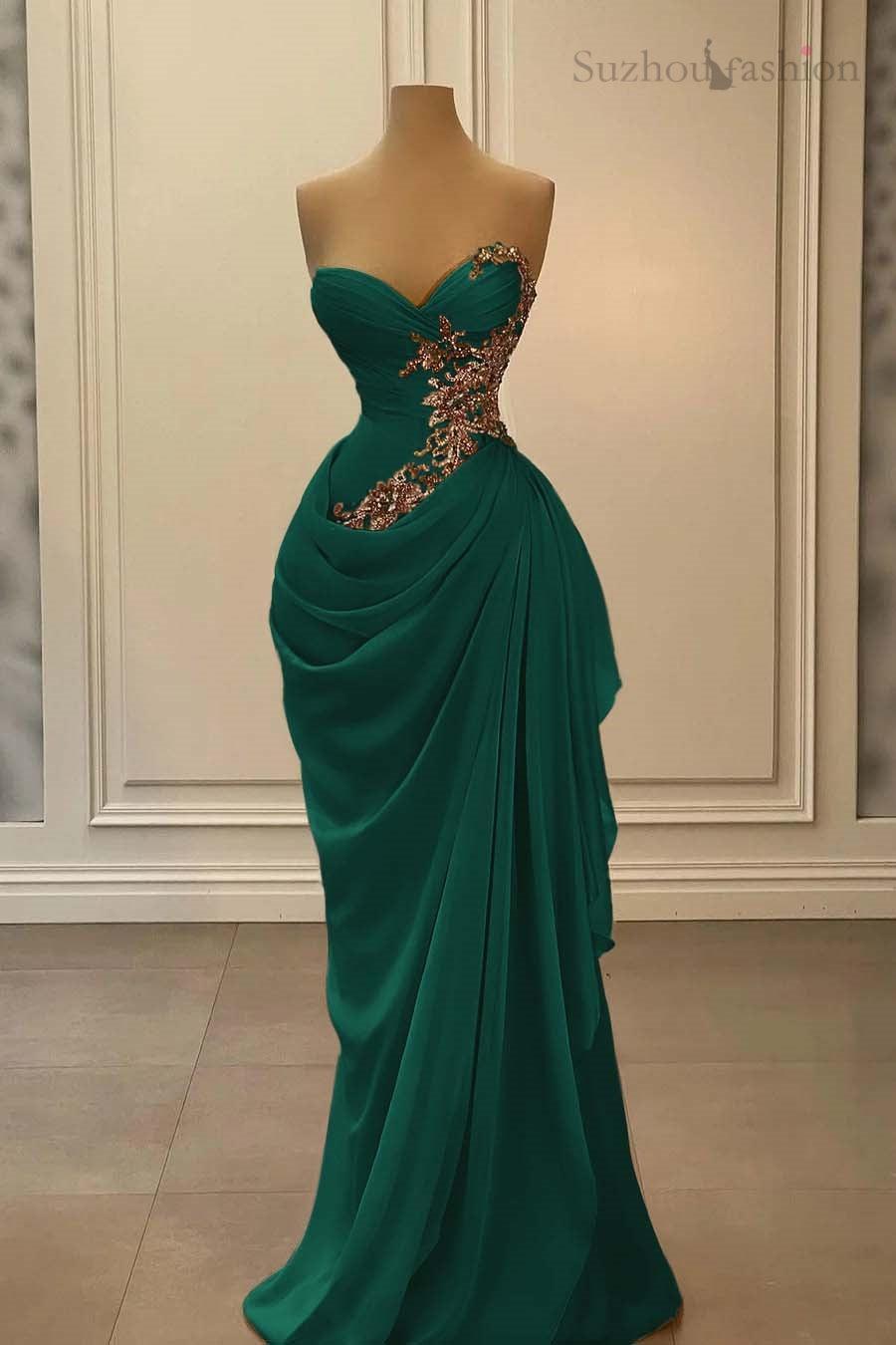 Champange Prom Dress Strapless Sweetheart Satin Chiffon Sleeveless Formal Dress