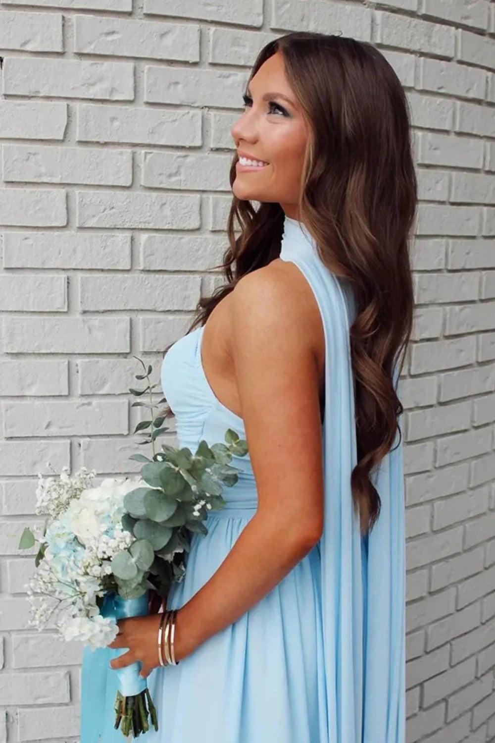 A Line Strapless Blue Long Prom Dress With Scarf Formal Evening Gown