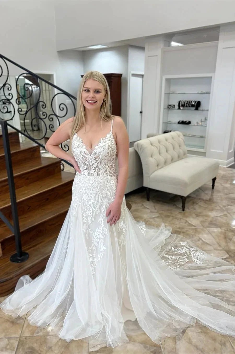 Charming A-line V-neck Sleeveless Appliques Lace Train Wedding Dress (ZD15595) - VelvetHem