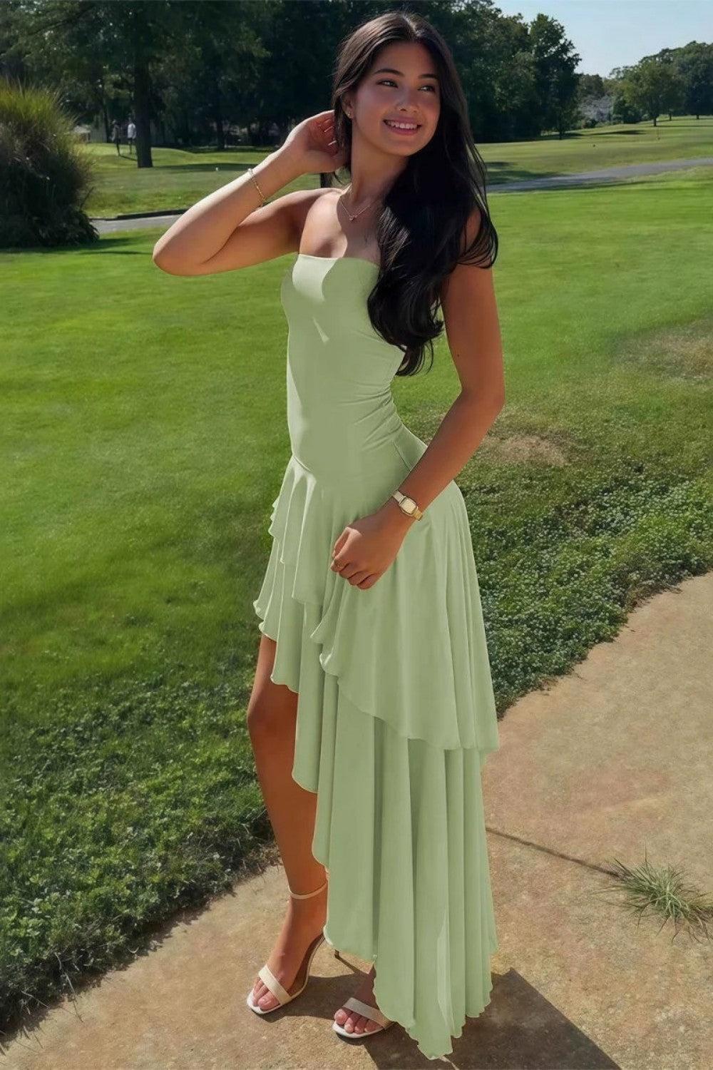 Asymmetrical Strapless Blue Long Prom Dress With Ruffles Formal Evening Gown