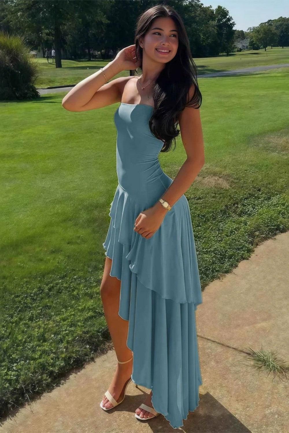 Asymmetrical Strapless Blue Long Prom Dress With Ruffles Formal Evening Gown