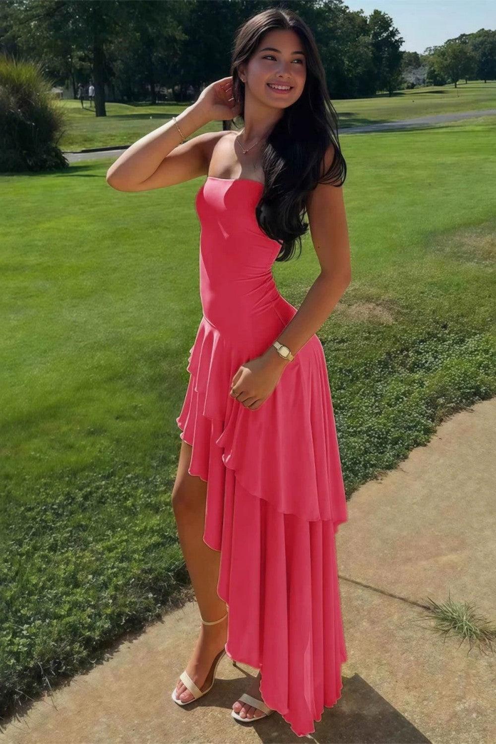 Asymmetrical Strapless Blue Long Prom Dress With Ruffles Formal Evening Gown