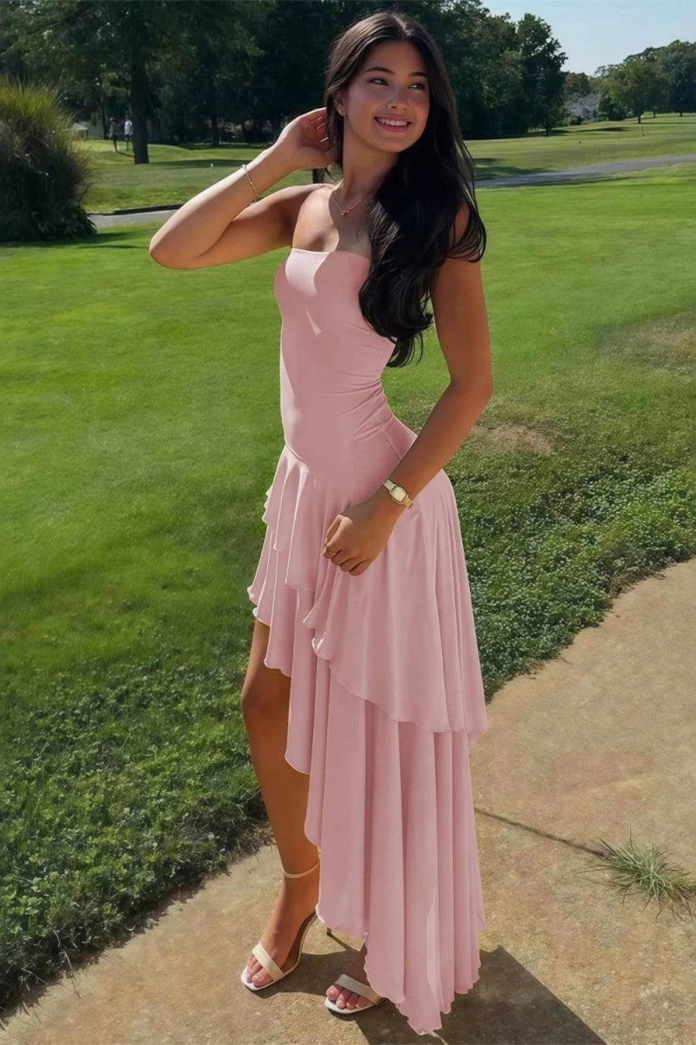 Asymmetrical Strapless Blue Long Prom Dress With Ruffles Formal Evening Gown