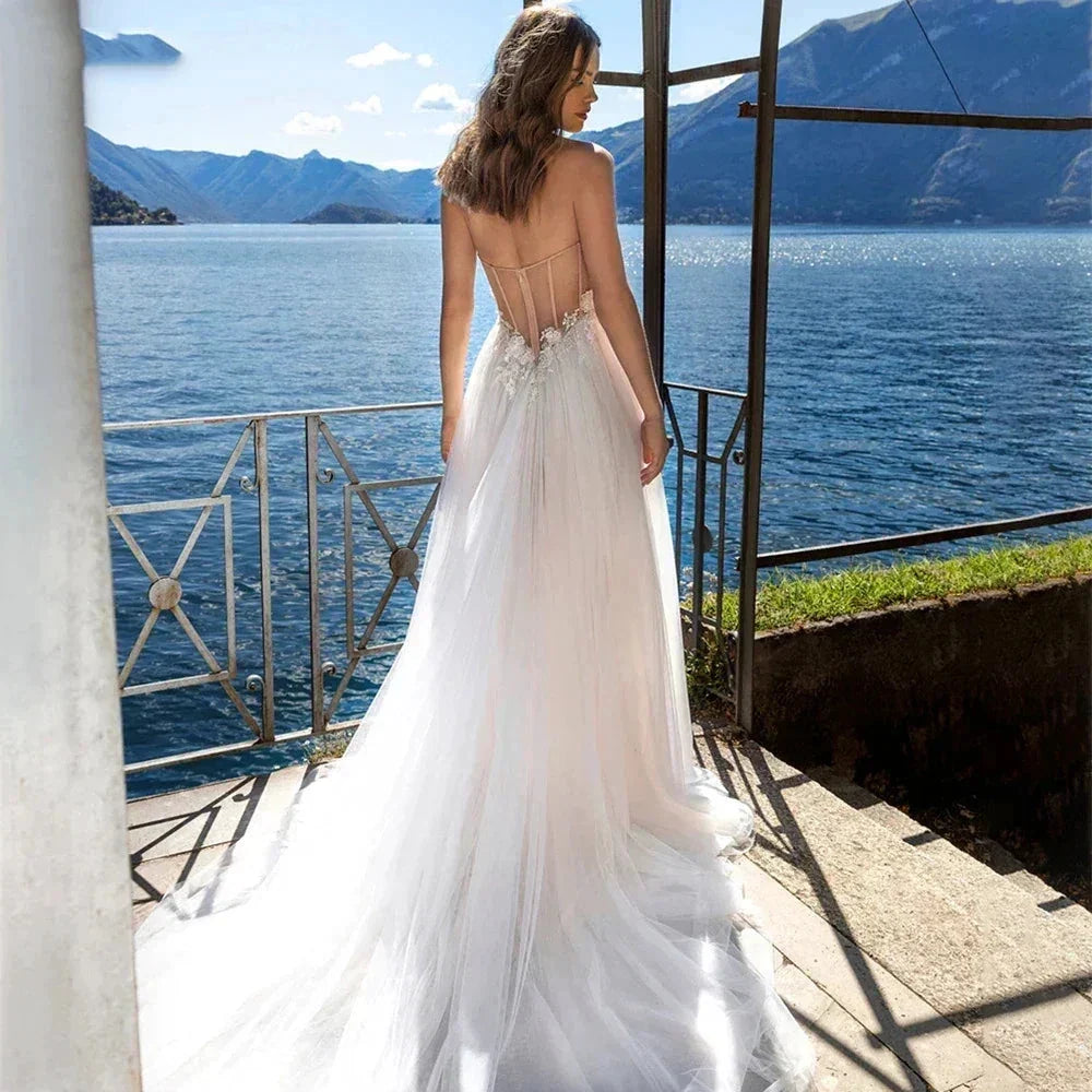 Charming High Fork Bohemian Sleeveless Sweetheart Mopping Wedding Dresses Off Shoulder Appliques Lace Bridal Gowns Boho Backless (ZD14252)