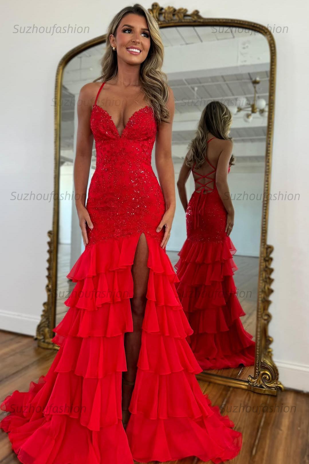 Suzhoufashion Mermaid Spaghetti Straps Lace Up Long Prom Dress With Ruffle Skirt Formal Evening Gown