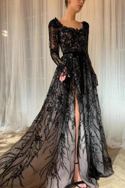 Charming Long Black A-line Lace Glitter Long Sleeves Wedding Dress with Slit (ZD16478) - VelvetHem
