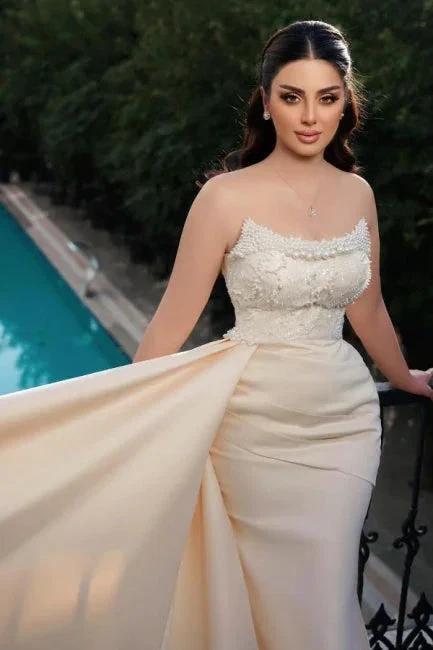 Charming Long Mermaid Strapless Sequined Wedding Dress With Pearls (ZD15611)