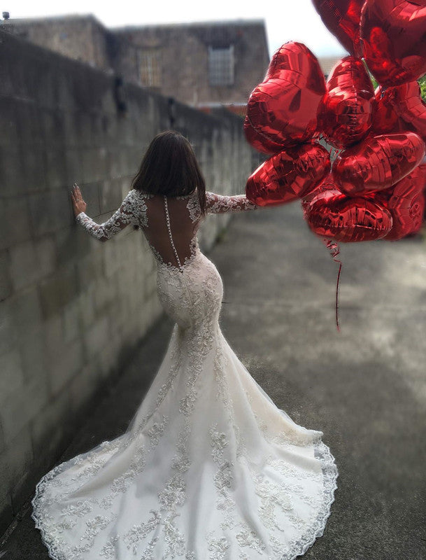 Charming Long Sleeves Mermaid Bridal Dresses Tulle Appliques Mermaid Sheer Back Wedding Dress BA3741