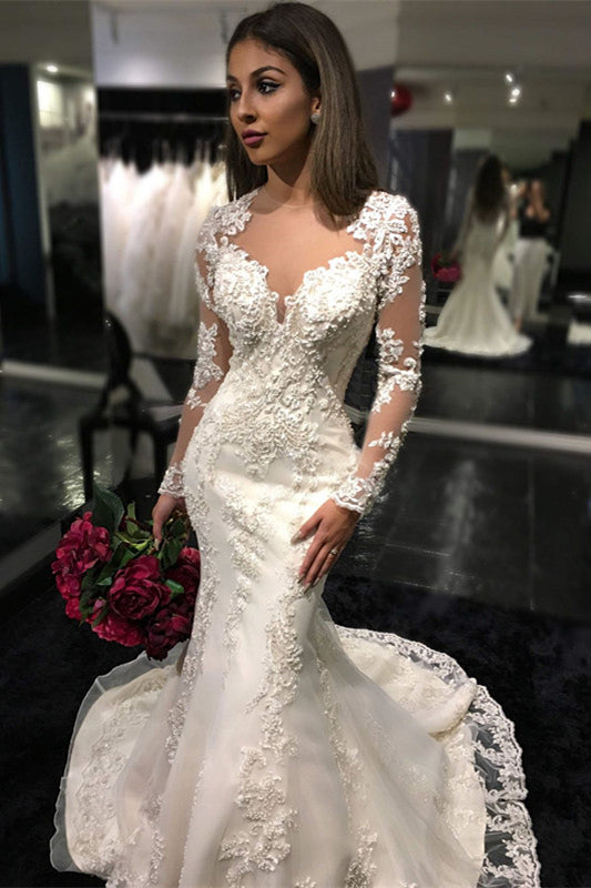 Charming Long Sleeves Mermaid Bridal Dresses Tulle Appliques Mermaid Sheer Back Wedding Dress BA3741