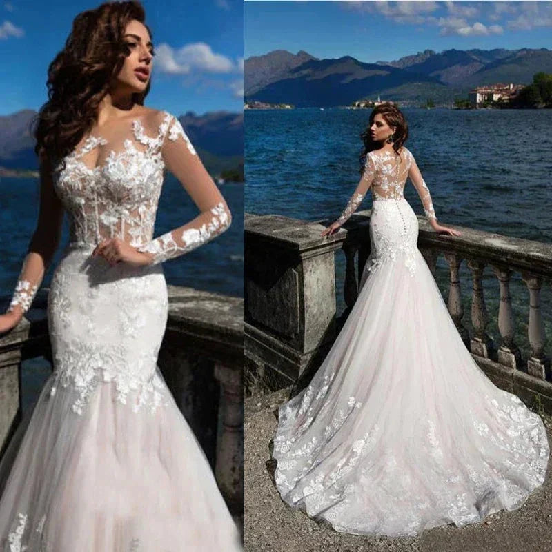 Charming Long Sleeves Mermaid Wedding Dresses 2024 Lace Applique Scoop Neck Bridal Gowns Sweep Train Vestidos De Novia Custom by payinti