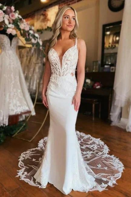 Charming Long V-neck Mermaid Sleeveless Wedding Dress With Lace (ZD15605) - VelvetHem