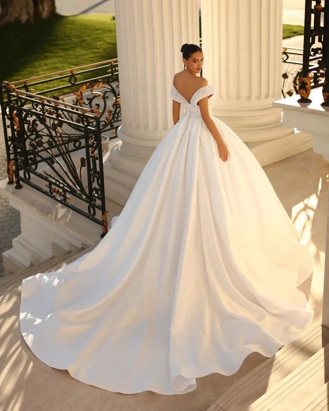 Charming Long White Off-the-shoulder A-line Sequined Wedding Dress With Pearls (ZD15653)