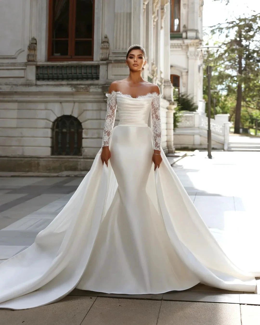 Charming Long White Off-the-shoulder Mermaid Lace Long Sleeves Wedding Dress With Detachable Train (ZD15671)
