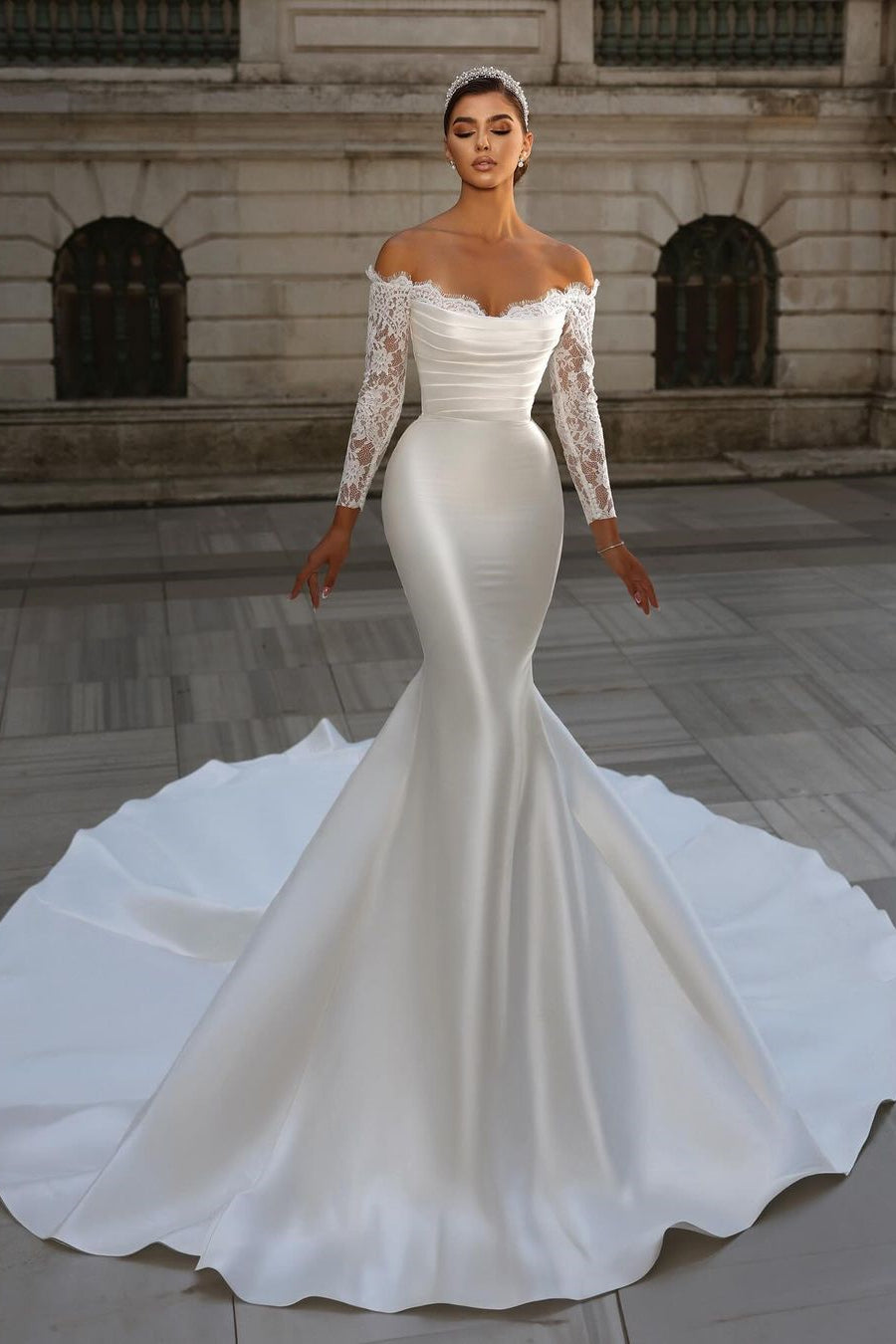 Charming Long White Off-the-shoulder Mermaid Lace Wedding Dress With Detachable Train (ZD17471)