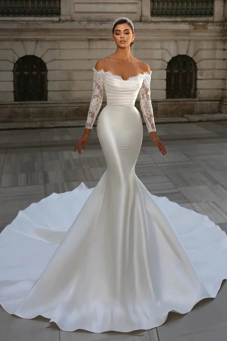 Charming Long White Off-the-shoulder Mermaid Lace Long Sleeves Wedding Dress With Detachable Train (ZD15671) - VelvetHem