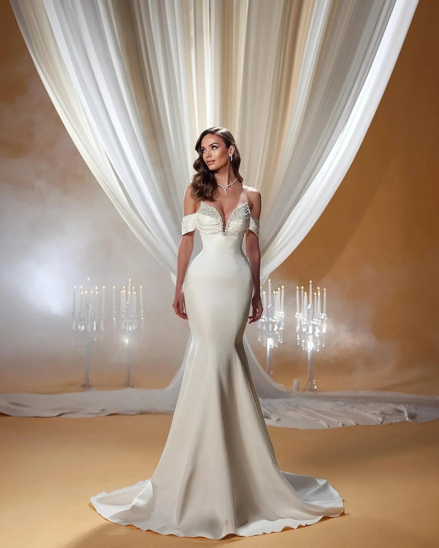 Charming Mermaid Off-the-shoulder Sleeveless Ruffles Satin Wedding Dresses (ZD15593)