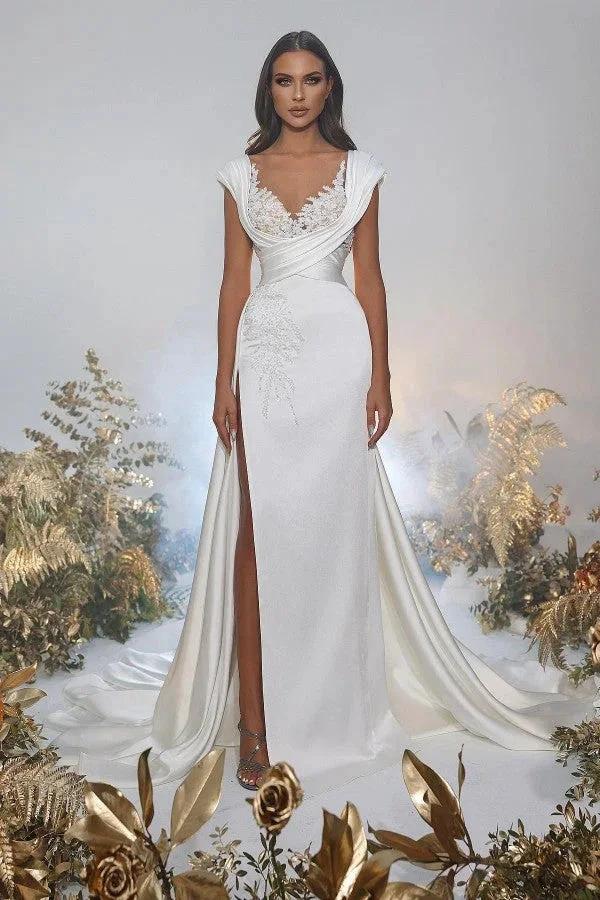 Long Mermaid Sweetheart Satin Lace Wedding Dresses with Slit (ZD14475) - VelvetHem
