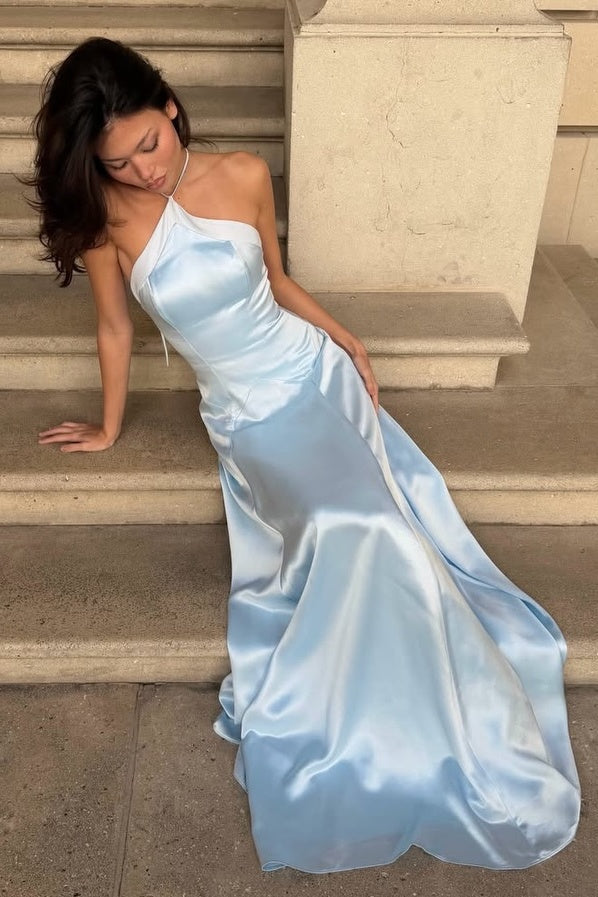 Charming A Line Halter Neck Light Blue Satin Long Prom Dress