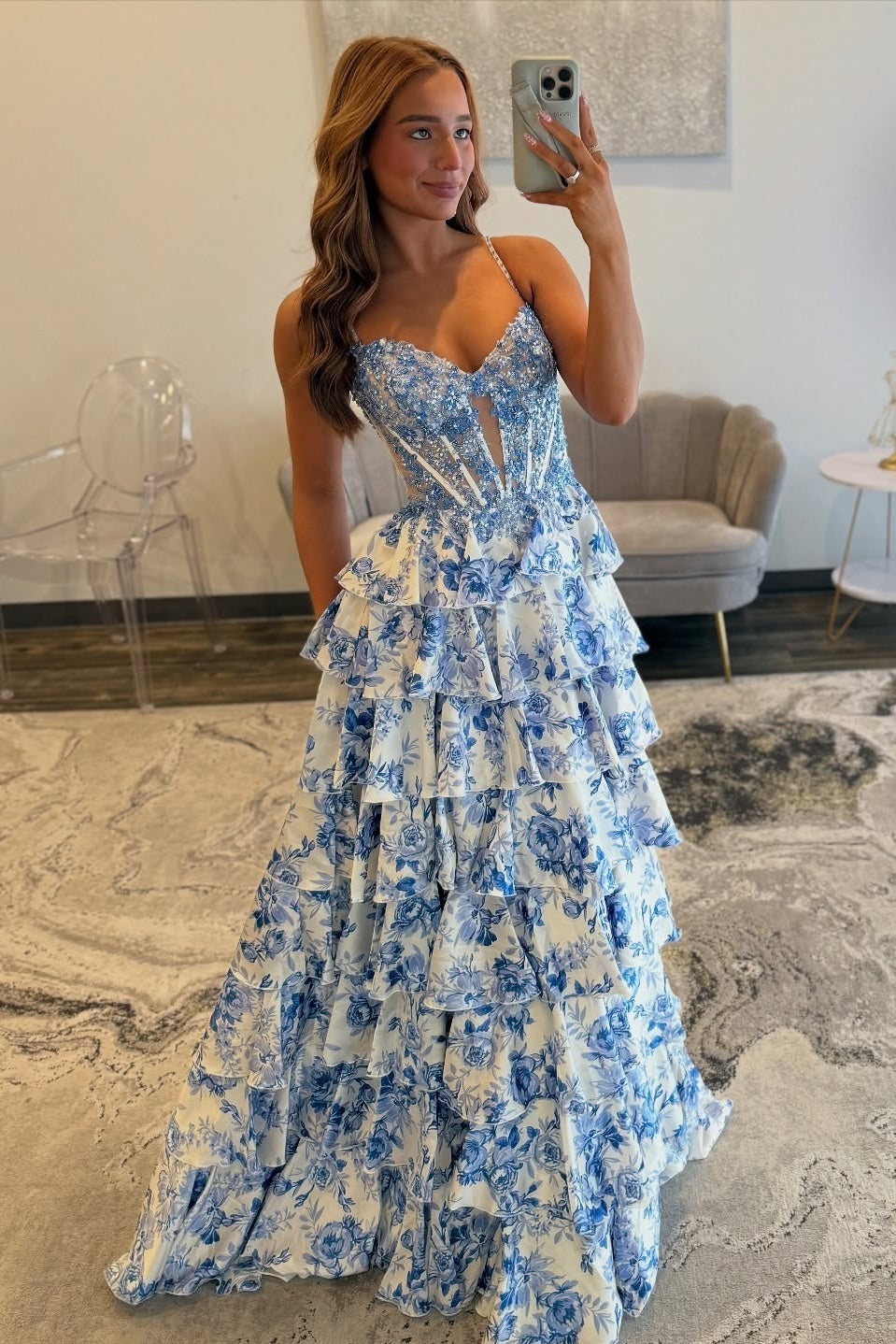 Gorgeous A Line Spaghetti Straps Blue Corset Prom Dress with Appliques Ruffles