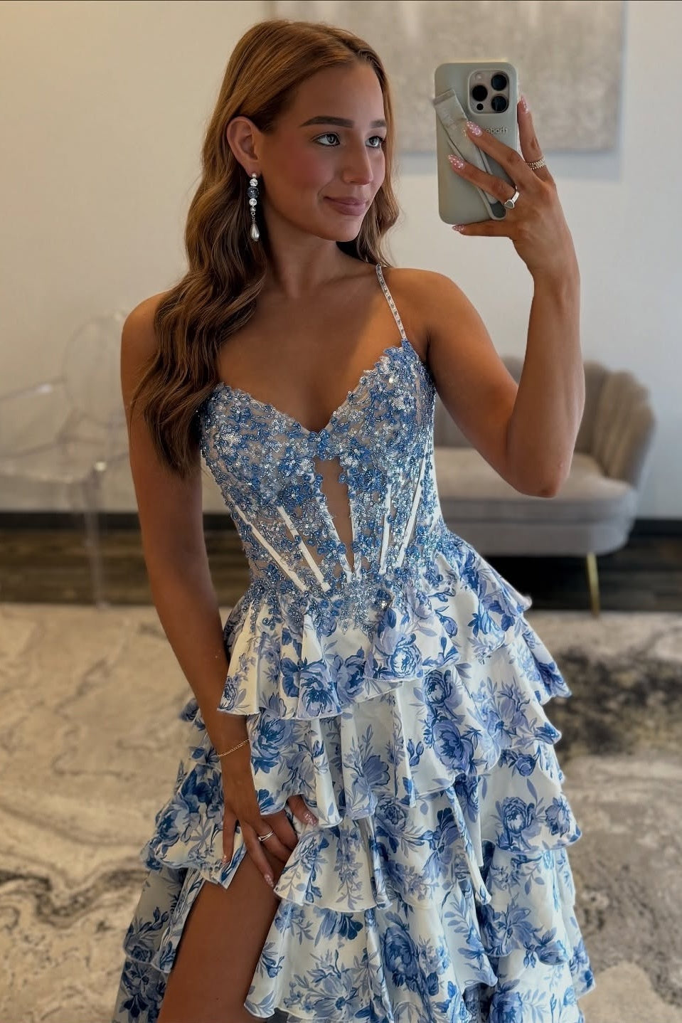 Gorgeous A Line Spaghetti Straps Blue Corset Prom Dress with Appliques Ruffles