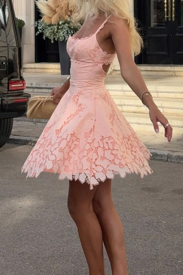 Charming A Line Square Neck Pink Lace Short Homecoming Dress